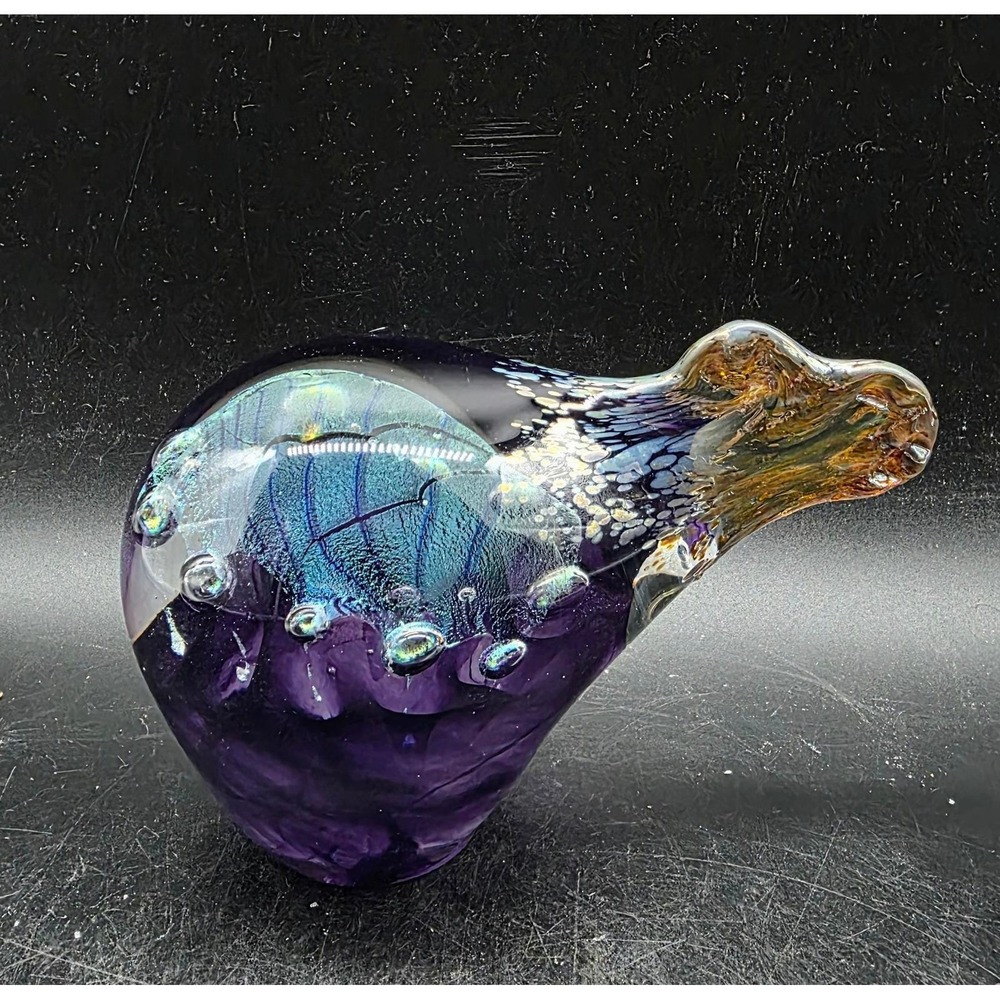 Vintage Signed Art Glass Paperweight Purple Dichroic Controlled Bubble Decor